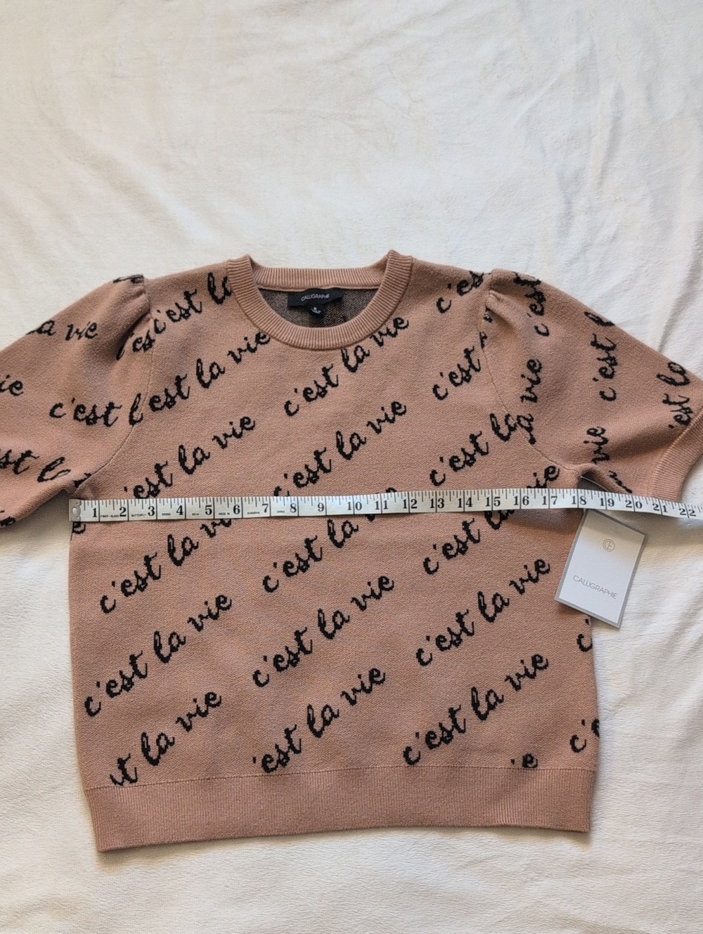 NWT Calligraphie "C'est La Vie" Short Sleeve Knit Sweater - Tan / Beige